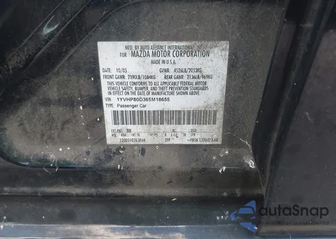 2006 Mazda Mazda6 S из США, поврежденный, VIN 1YVHP80D365M18655